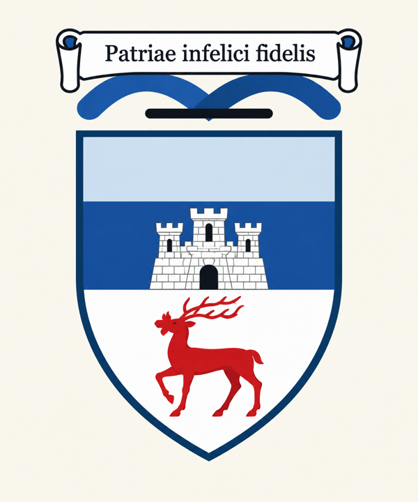 Supplied Looney crest-style achievement with motto scroll, blue and white shield, castle, and red stag.