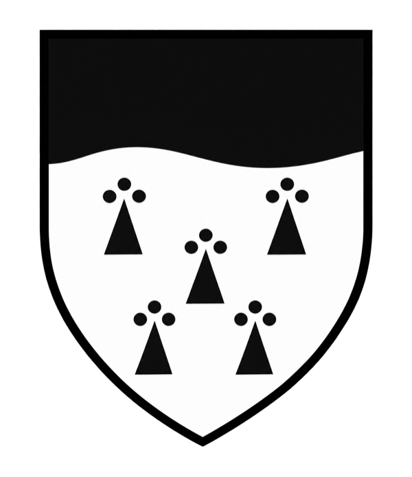 Supplied simplified shield with black wavy chief and black border over a white field with black ermine-like marks.